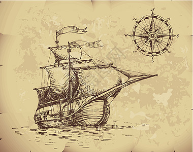 游艇旅行羊皮纸绘画勘探风格草图罗盘铅笔素描效果图片