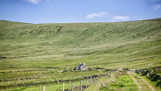 爱尔兰风景草地场景绿色地平线小屋丘陵农场农田全景植被图片