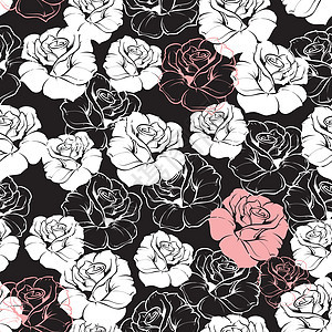 无缝矢量 黑色背景的粉红色和白色复古玫瑰 黑花纹背景图片