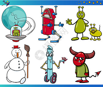 Cartoon 幻想字符集雪人扫帚机器人故事漫画牛角恶魔飞碟吉祥物外星人图片