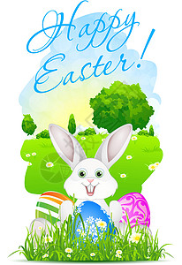 带景观 兔子和装饰鸡蛋的复活卡插图爬坡装饰品卡片雏菊图片