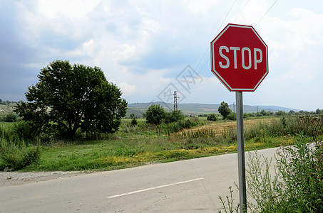 停止签名指示牌安全控制交通八角形红色树木天空中心运输背景图片