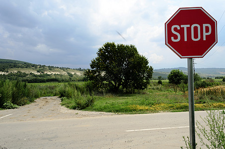 停止签名安全指示牌运输控制八角形国家红色天空中心树木背景图片