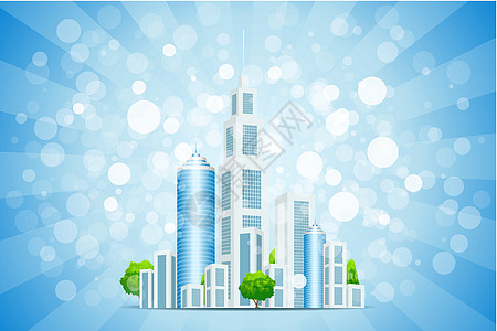 具有商业城市和Rays的蓝色背景插图绘画数字化摩天大楼火花曲线绿色办公室射线建筑图片