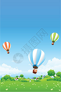 绿色风景与热空气气球洋甘菊蓝色天空插图衬套叶子草地房子土地环境图片