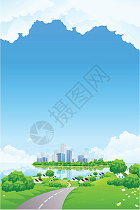 绿色景观与商业岛区风景城市插图环境摩天大楼地平线爬坡草地土地天空图片