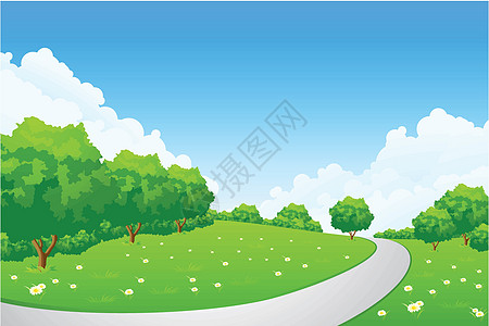 景观  绿山 有树和云场景插图洋甘菊艺术场地绘画风景绿色蓝色草地图片