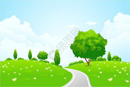 绿色景观 有山树路和鲜花场景洋甘菊艺术土地天空草地绘画地平线蓝色生活图片