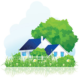 草丛中的附属房屋房子绿树环境天空草地绿色别墅住宅插图图片