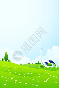 房屋和风力发电站的景观插图绿色爬坡土地地平线场地电站草地环境洋甘菊图片