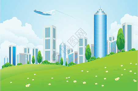 与城市的绿色景观办公室天空绿色植物地平线建筑插图摩天大楼商业草地蓝色图片