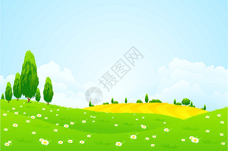 绿色花花景观场地地平线洋甘菊衬套植物爬坡草地插图蓝色天空图片