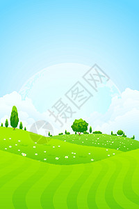 绿色背景与月亮在天空中风景叶子植物环境场景地平线插图爬坡草地洋甘菊图片