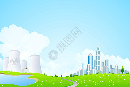 与城市湖和核电厂的绿色景观核电厂绿色植物城市活力办公室插图天空发电厂地平线力量背景图片