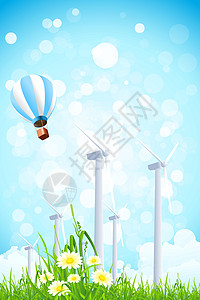 风力发电厂和热空气气球的背景摘要ECFD4天空插图绿色热气球风力风景发电厂商业地平线洋甘菊图片