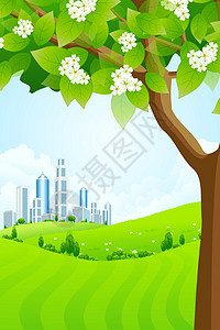 绿色背景与树木和现代城市场地爬坡乡村天空蓝色风景商业地平线叶子土地图片