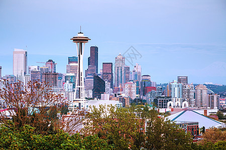 西雅图市下城 从凯里公园看到的建筑学天际旅行地标城市建筑物旅游沿岸大都会市中心图片
