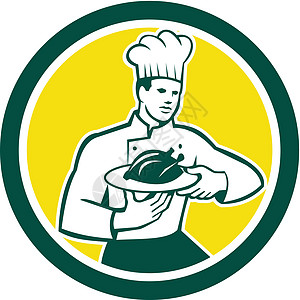 烹饪厨师 鸡餐盘回转食品鸡帽插图拼盘服务工人男性男人艺术品圆圈图片