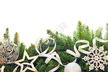 圣诞袜圣诞树装饰绿色云杉庆典框架松树风格雪花枝条新年玩具背景