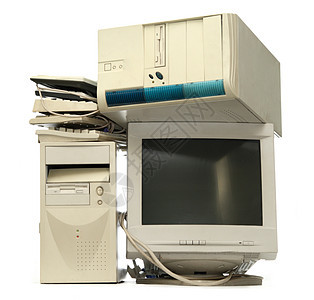 废旧计算机的堆积键盘古董硬件电子办公室垃圾展示塑料电脑监视器图片