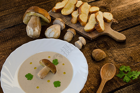 蘑菇汤奶油营养勺子烹饪团体蓝色餐厅煮沸盘子食物香菜图片