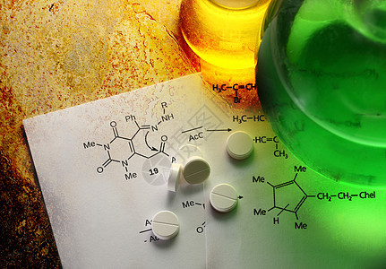 化学反应方程式药片笔记圆形实验室玻璃合成瓶子学习实验公式图片