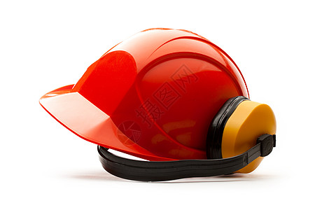 带耳机的红色安全头盔工业头饰黄色工作捍卫者橙子工作服帽子塑料建造图片