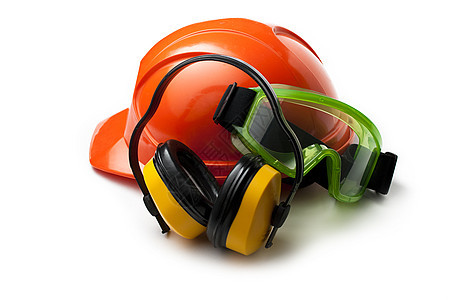 带耳机和护目镜的红色安全头盔工作橙子绿色捍卫者眼睛风镜头饰衣服帽子眼镜图片