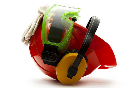 带耳机 护目镜和手套的红色安全头盔塑料白色黄色绿色捍卫者头饰风镜工作衣服危险图片
