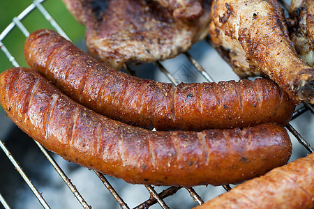 在烤架上用美味的烤肉烧烤花园家禽羊肉腰肉猪肉架子小鸡烹饪派对香肠图片