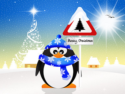 圣诞节企鹅帽子动物卡通片路标树木插图围巾庆典季节白色背景图片