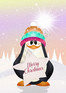 圣诞节的企鹅景观礼物插图卡通片明信片闲暇新年雪花庆典背景图片