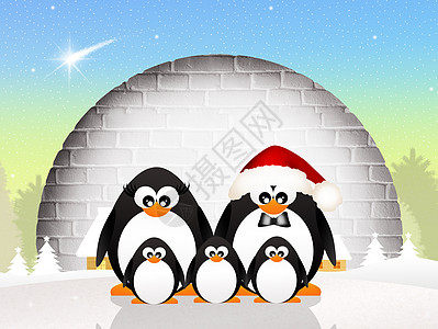 企鹅的家族鸟类冰屋哺乳动物新年插图庆典卡通片快乐图片