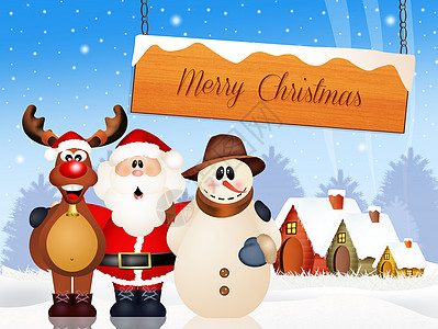 圣诞老人 雪人和驯鹿明信片景观小精灵新年卡通片雪花庆典礼物插图图片
