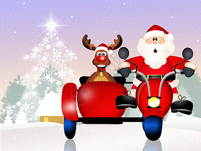 圣诞老人搭随车礼物运输驯鹿快乐家庭庆典新年景观卡通片插图图片