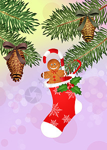 圣诞袜袜饼干松树丝带庆典松果短袜插图新年背景图片