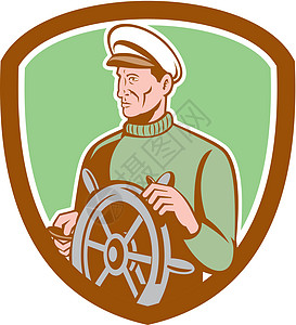 轮盾船舰长轮式护盾雷特罗船长队长波峰男性舵手艺术品插图车轮男人图片