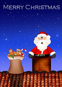 圣诞老人在屋顶上庆典插图瓦片壁炉屋顶卡通片礼物月亮新年月光背景图片