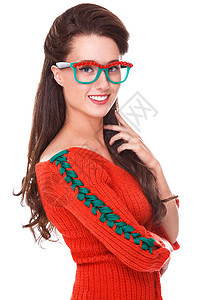 穿红色毛衣的美女女性衣服化妆品牙齿冒充女孩口红嘴唇发型裙子图片