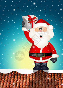 圣诞老人在屋顶上雪花新年景观卡通片闲暇明信片礼物庆典插图飞机图片