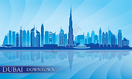 迪拜市下城市天际环光灯背景地标海报海岸明信片建筑插图喷泉房屋反射天空图片