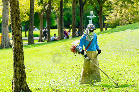 在绿田公园割草的伐木工人在绿田公园割草机帽子园林工业园艺男人花园草地服务微调器图片
