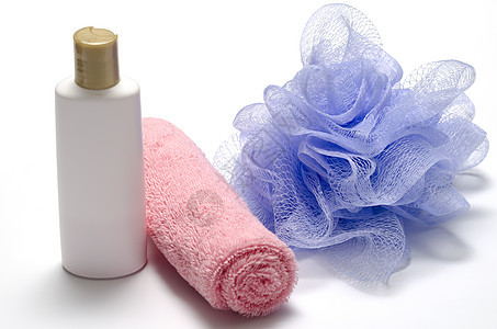 泡泡浴液肥皂和毛巾洗发水浴室温泉身体皮肤擦洗产品蓝色卫生化妆品图片
