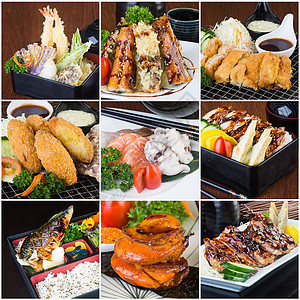 日语背景的日本食品拼贴绿色白色海鲜美食健康食物红色面条盘子寿司图片