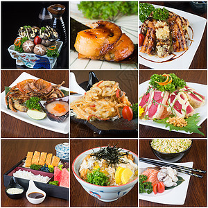 日语背景的日本食品拼贴食物海鲜健康盘子寿司绿色美食白色红色面条背景图片