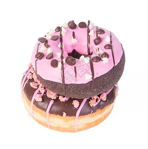 甜甜圈在背景上的甜甜圈面包蛋糕甜点垃圾糕点釉面小吃小雨巧克力粉色图片