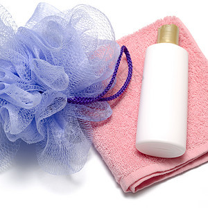 泡泡浴液肥皂和毛巾擦洗卫生身体洗手液化妆品治疗蓝色产品浴室温泉图片