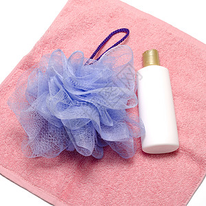 泡泡浴液肥皂和毛巾蓝色绳索卫生浴室身体擦洗治疗产品皮肤淋浴图片