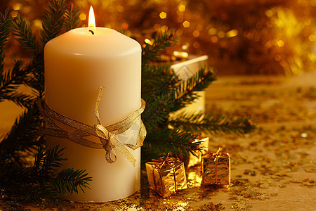 圣诞节蜡烛卡片展示云杉新年烧伤礼物丝带辉光装饰雪花图片