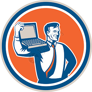 计算机 Geek技术员 笔记本电脑圈回转圆圈艺术品工人插图极客男性肩膀上班族男人图片